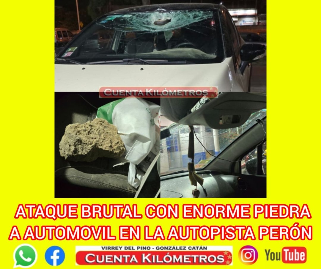 Vehículo afectado tras ataque con piedra en la Autopista Perón