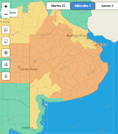 Proyección de alerta naranja para miércoles