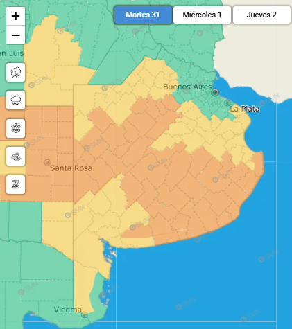 Mapa de alertas por tormentas en Buenos Aires