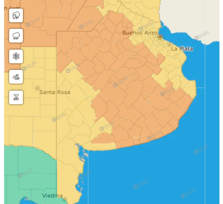 Mapa de alerta naranja por tormentas en municipios bonaerenses
