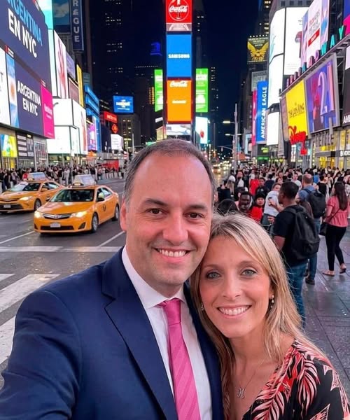 Manuel Adorni junto a su esposa en el avión presidencial