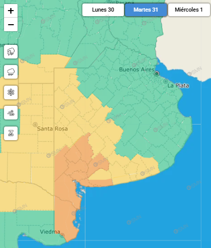 Mapa de Alerta Naranja en Sudoeste bonaerense